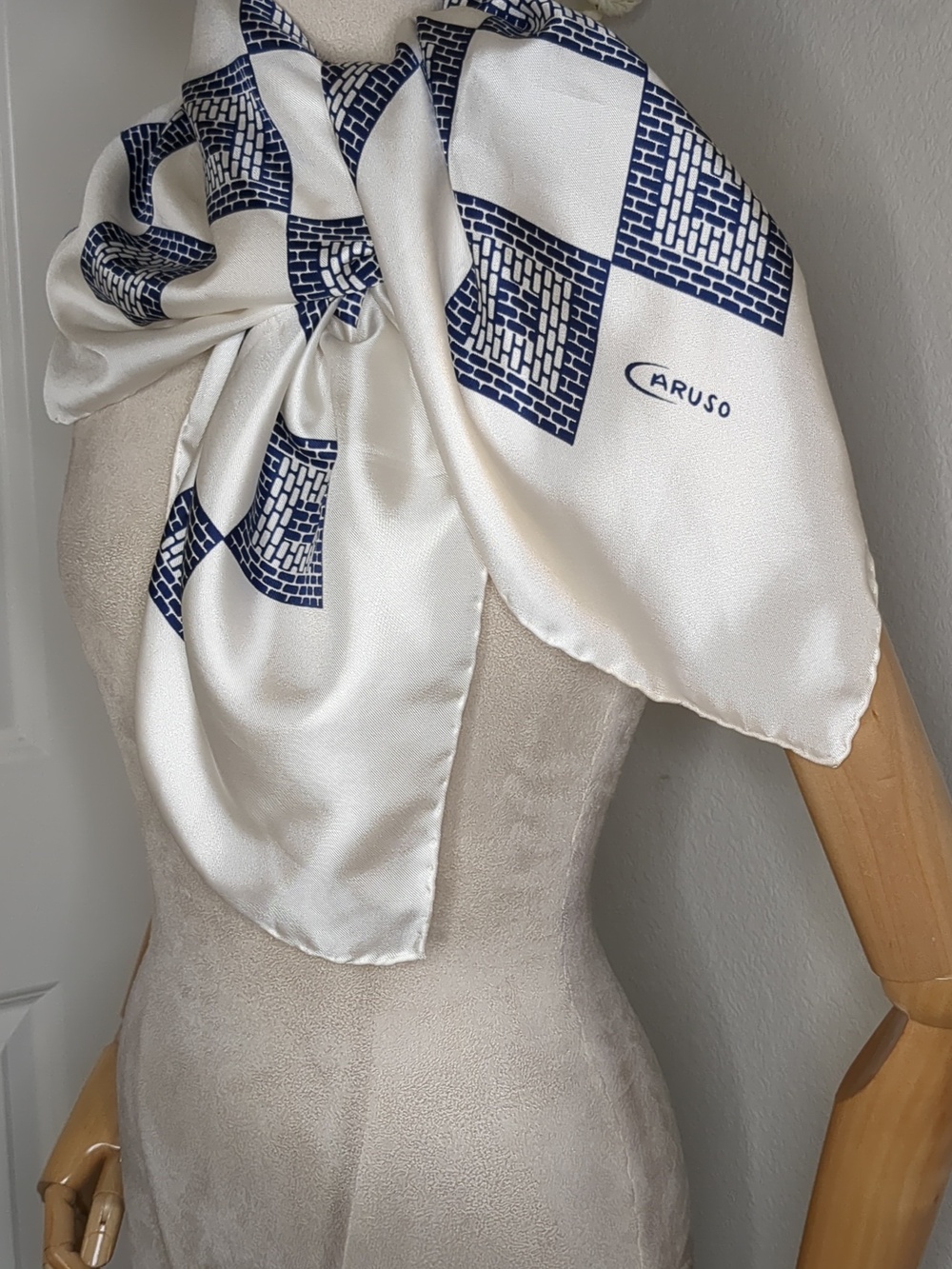 Vintage 80s Caruso Scarf Navy White Coastal Grandmother Nautical Hand Rolled